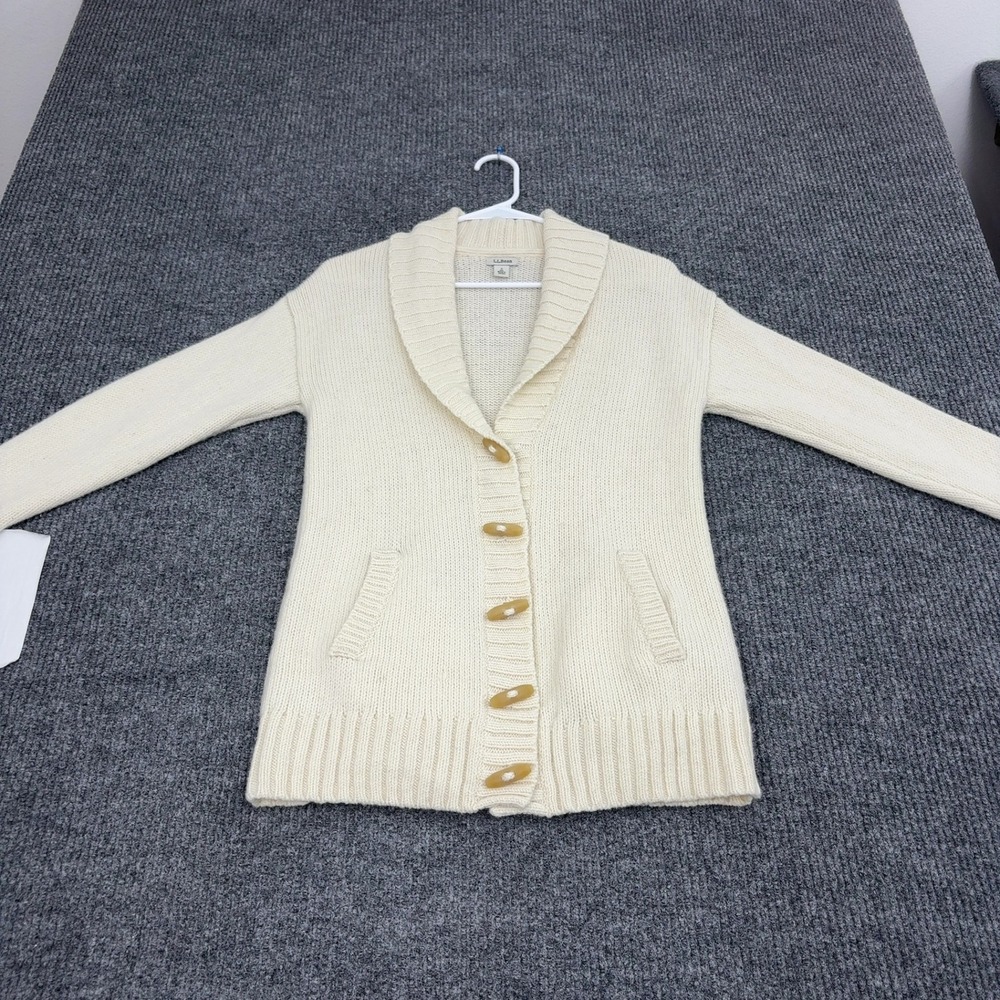 LL Bean Cardigan Womens S Cream Lambswool Shawl Neck Toggle Button Classic Style